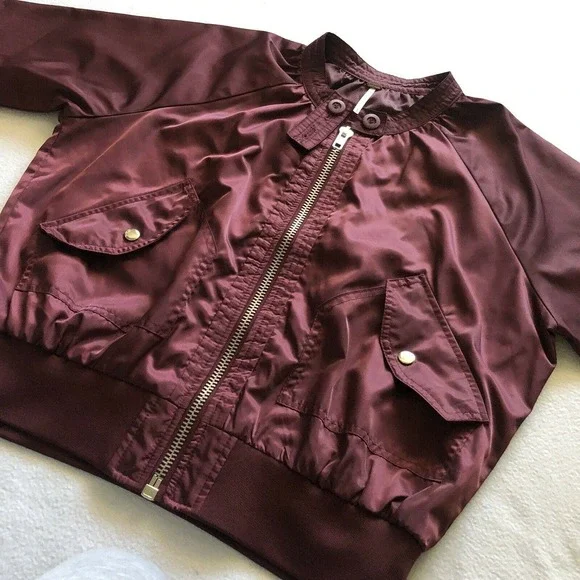 Free People Women Satin Midnight Bomber Full Zip Jacket Maroon Burgundy Red S - Picture 3 of 12